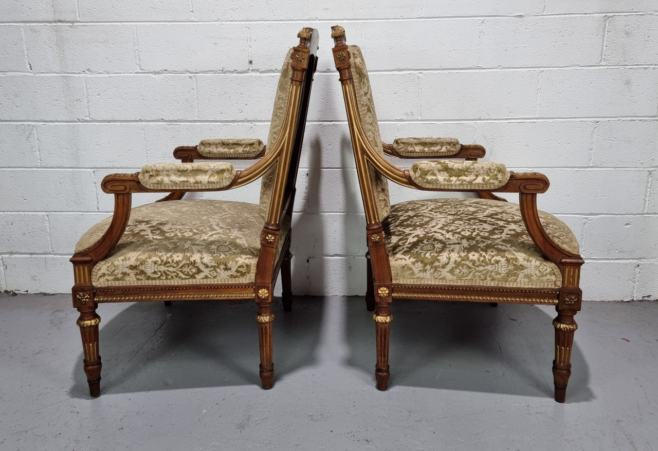 Beautiful French walnut Louis XVI style upholstered three piece Salon Suite. It has lovely fabric which is in overall good condition and is very comfortable to sit in. In good original detailed condition.