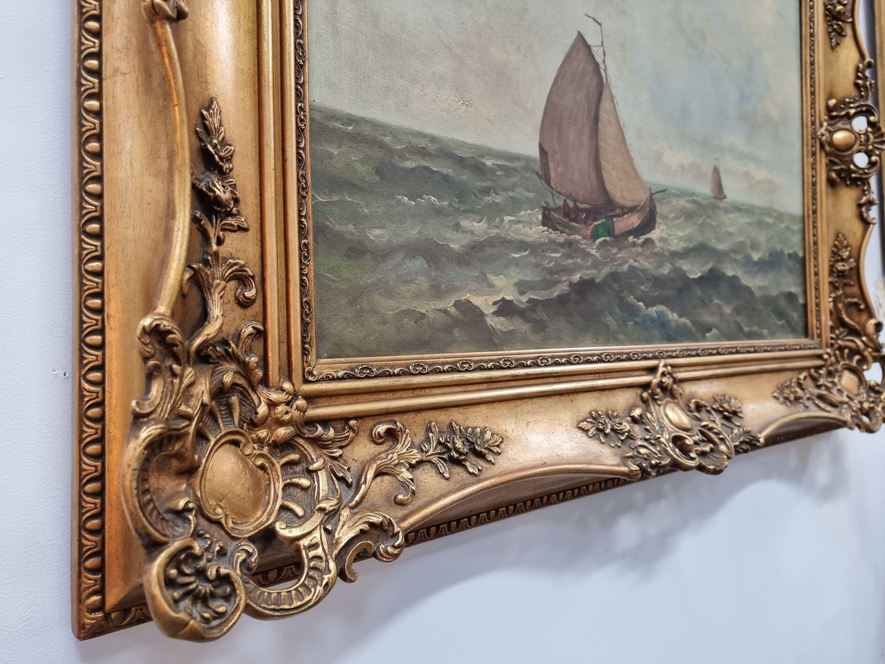Beautiful 19th century French school oil on canvas of a ship in rough seas and framed beautifully in an ornate frame in good condition.