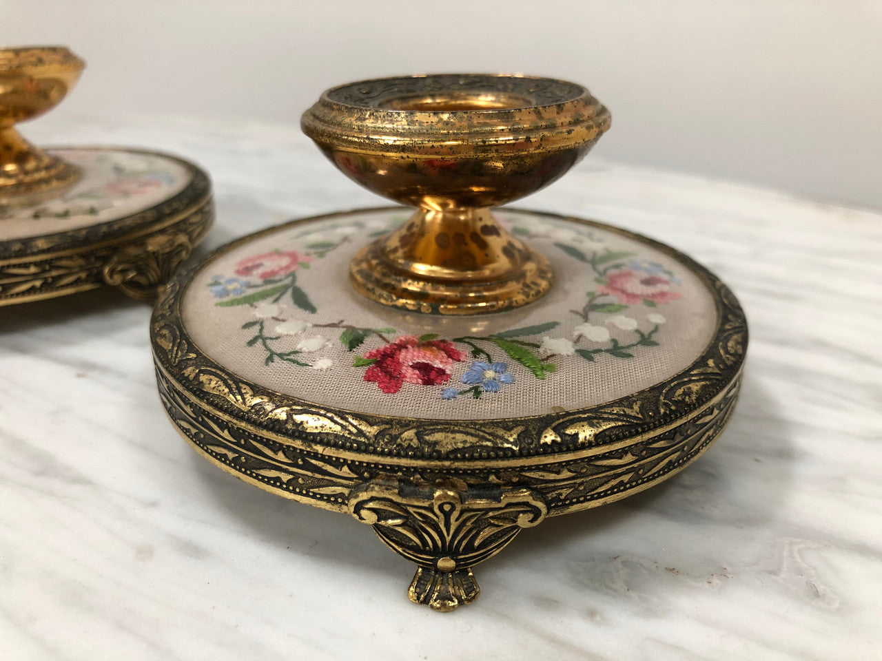Pair Of Petit Point & Gilt Metal Dressing Table Vintage Candle Holders