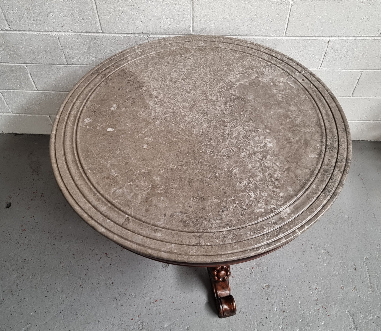 French 19th Century Napoleon III Walnut and marble top centre table. It has been sourced from France and is in good original detailed condition.