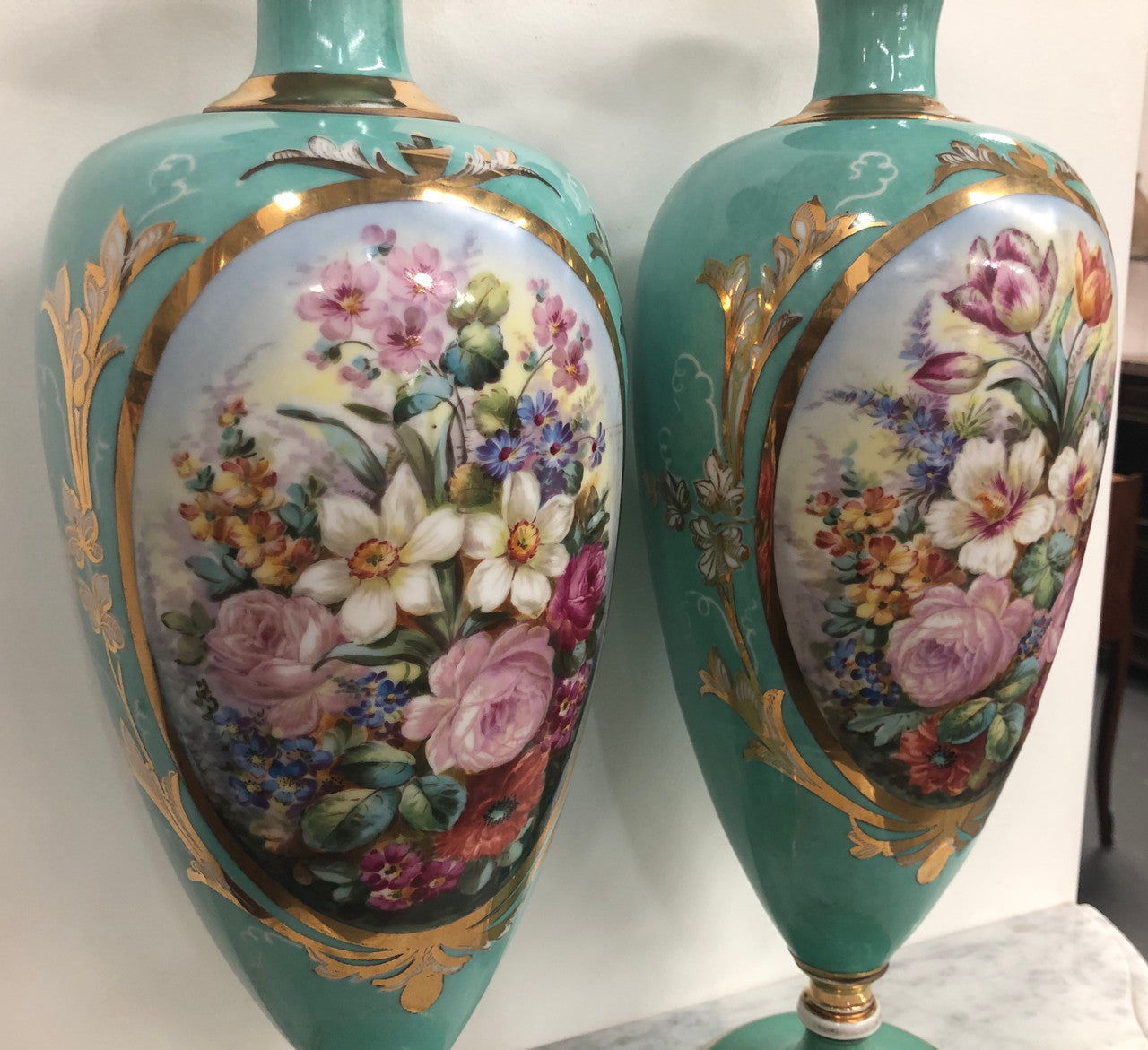 Pair of Antique French Limoges hand painted vases. Marked WG & Co (W Guerin & Co France Limoges) Circa 1900.