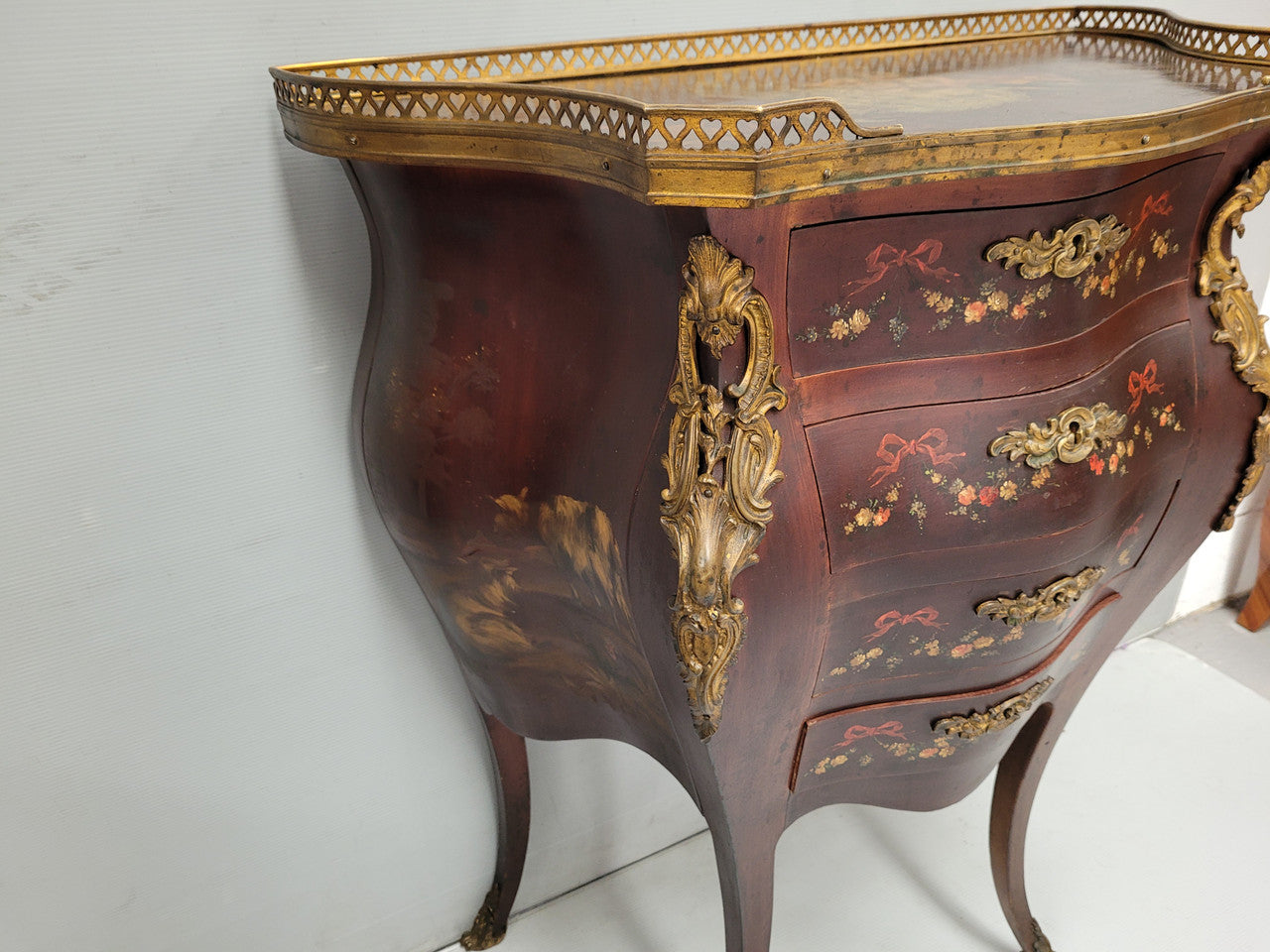 Rare French Louis XV Style Hand Painted Miniature Bombe Commode