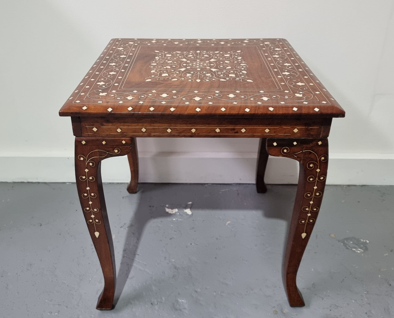 Stunning Indian Teak bone inlay square occasional table. In good original detailed condition.