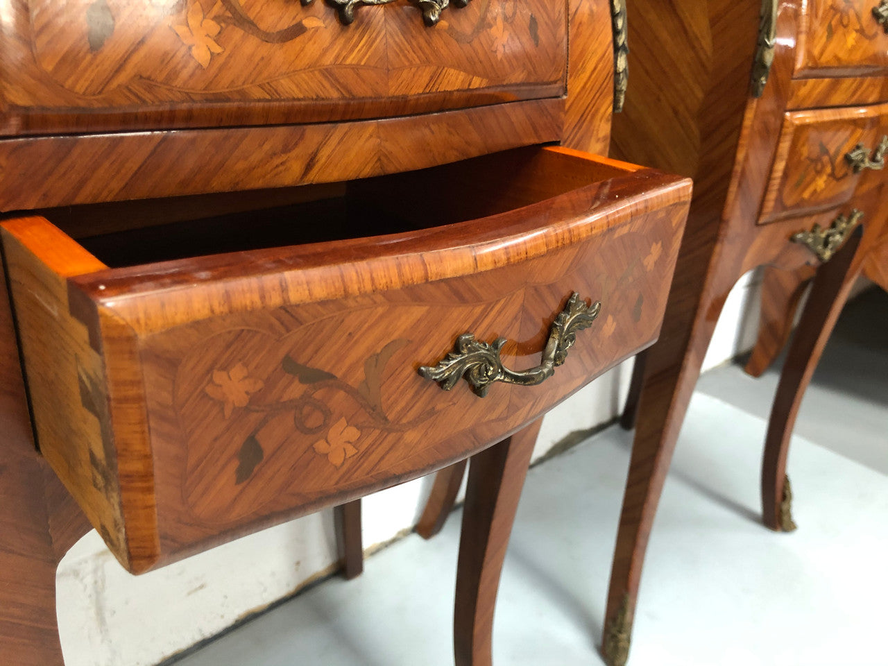 Pair of French Louis XV Style Marquetry Inlaid Marble Top Bedsides