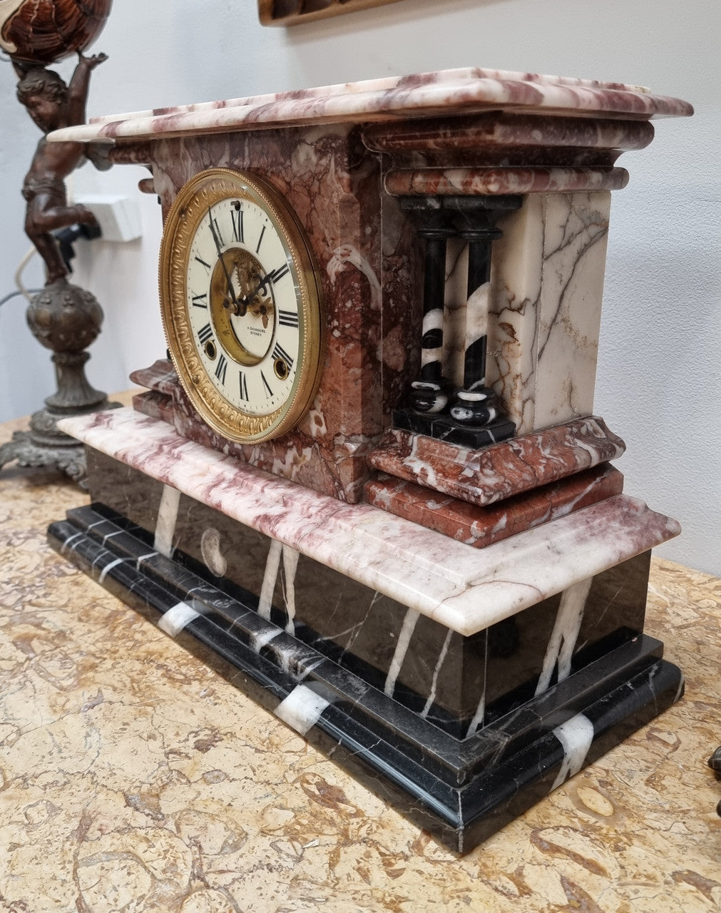 Fabulous Late Victorian Ansonia marble mantle clock, with an exposed escapement. Its movement has been overhauled and in lovely condition.