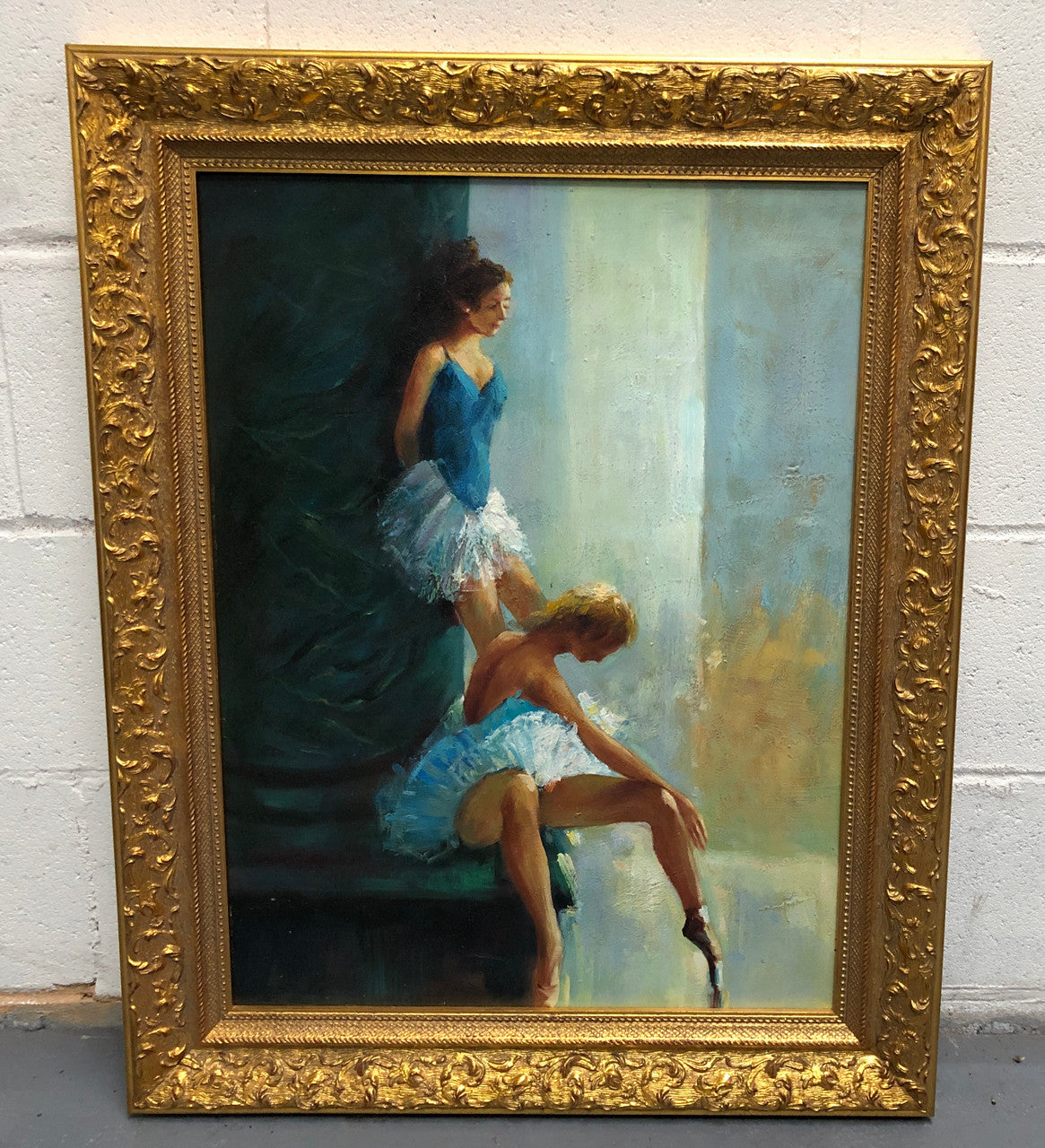 Beautifully framed canvas painting of a pair of ballet dancers. In a very ornate decorative frame. In good original condition.
