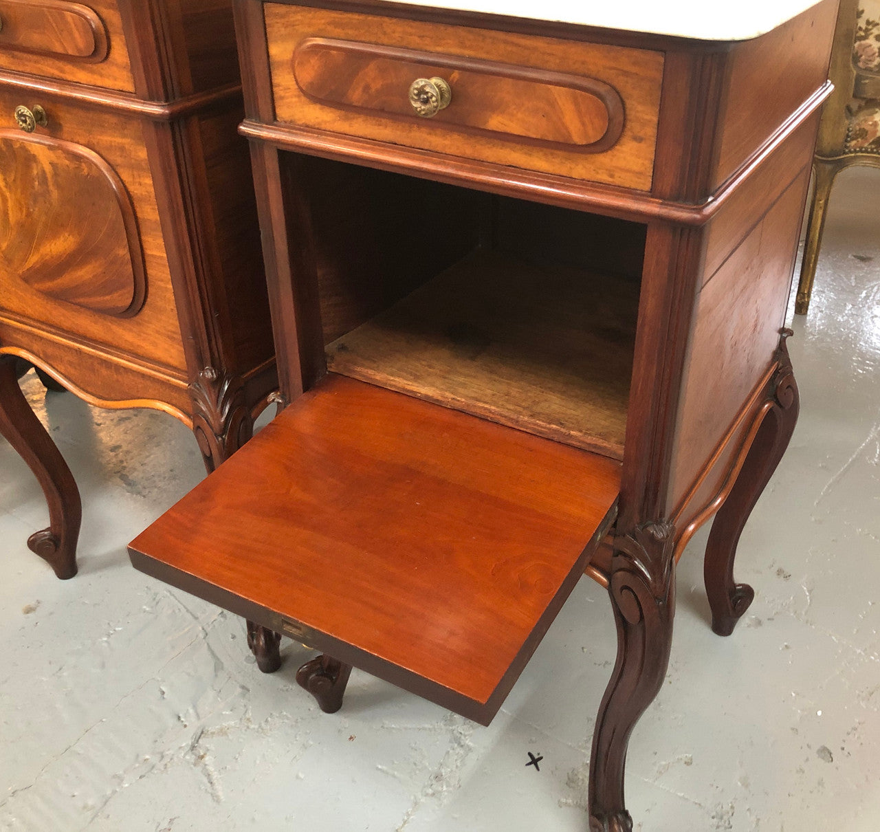 Pair Of White Marble Top Mahogany Bedside Cabinets