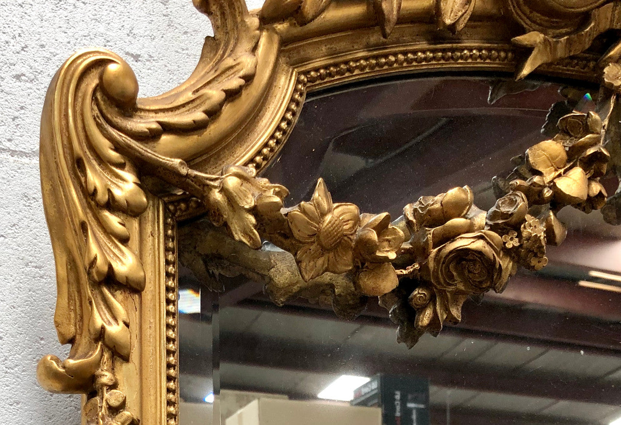 Antique French Gilt & Floral Allegorical Mantle/Wall Mirror