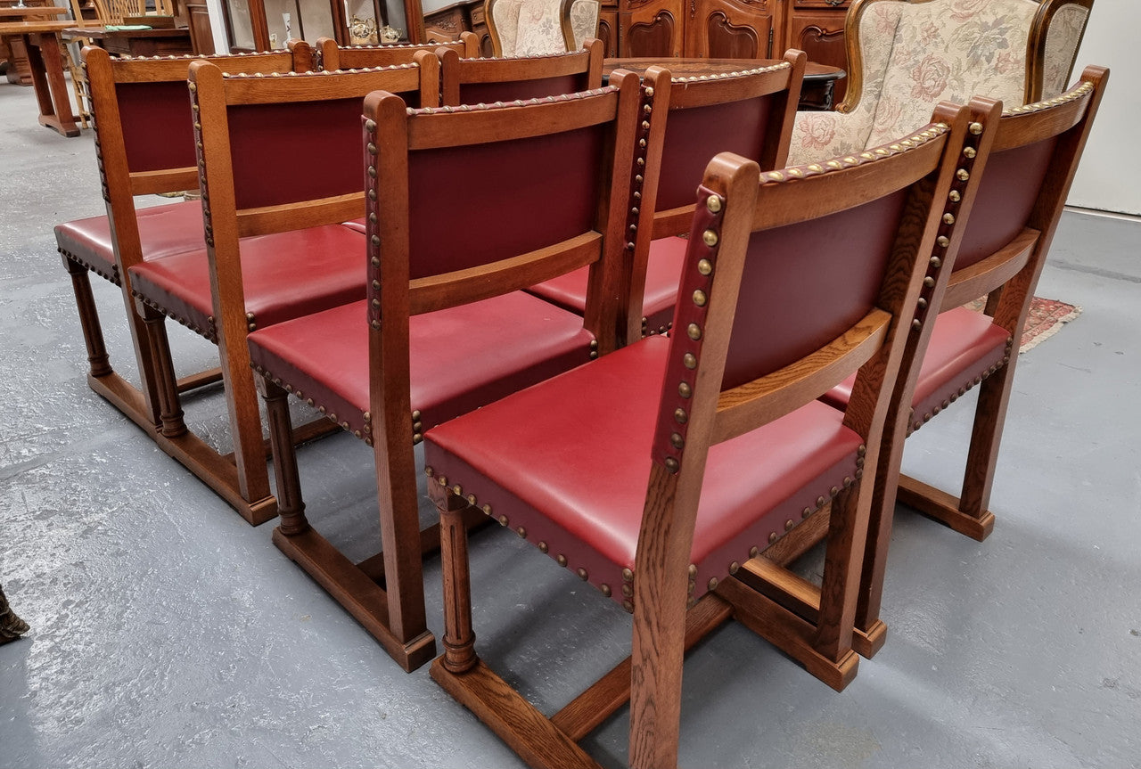 Set Of Eight Oak Upholstered With Faux Leather Dinning Chairs