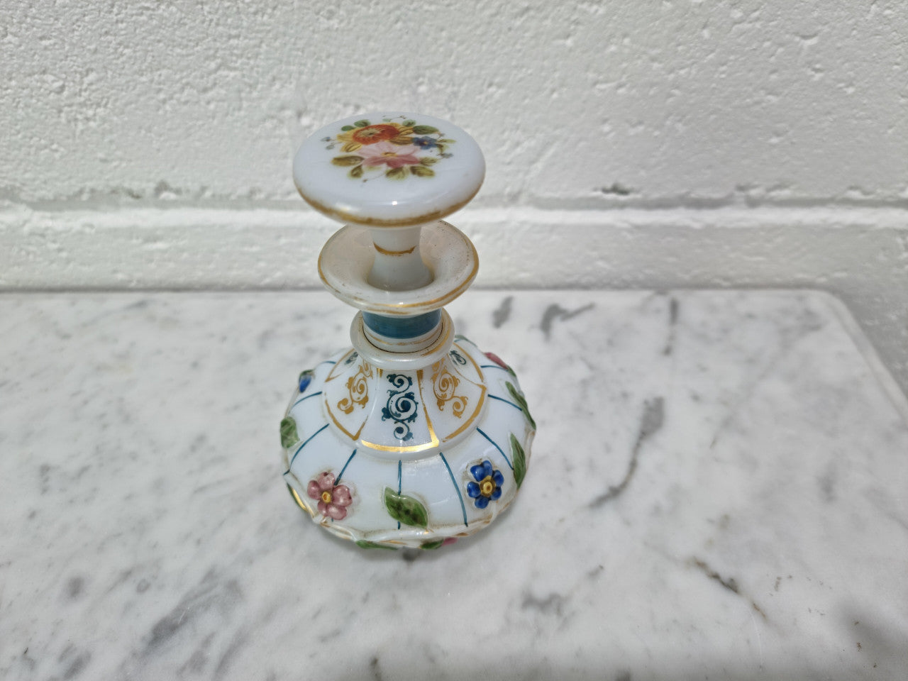 19th century French hand painted and gilded opaline glass scent/perfume bottle. It has marks to the base. In good original condition please view photos as they help form part of the description.