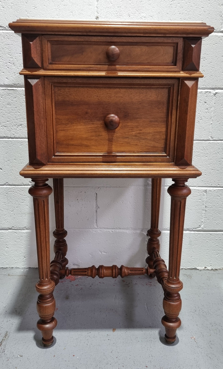 French Walnut Henry II Style Bedside Cabinet With White Marble Top