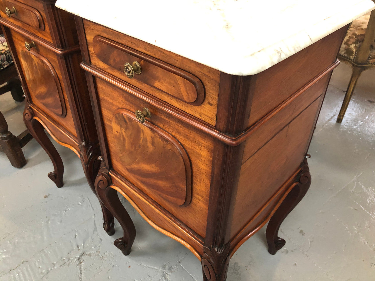Pair Of White Marble Top Mahogany Bedside Cabinets