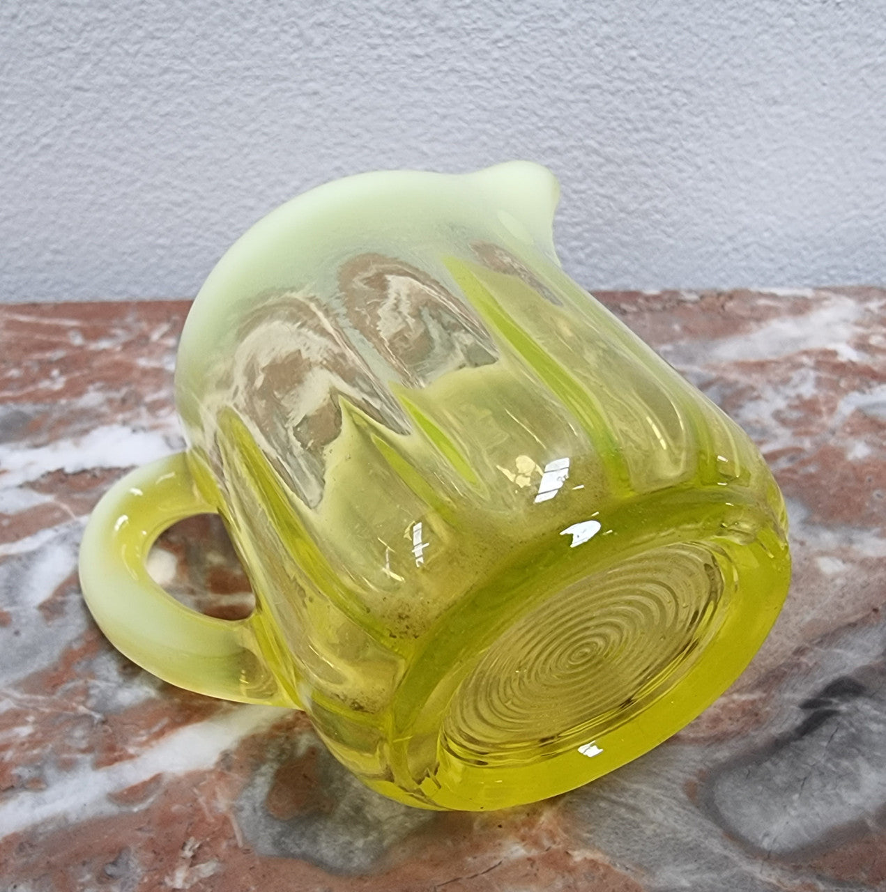 A fabulous rare Vaseline glass small jug and sugar bowl in good original condition.