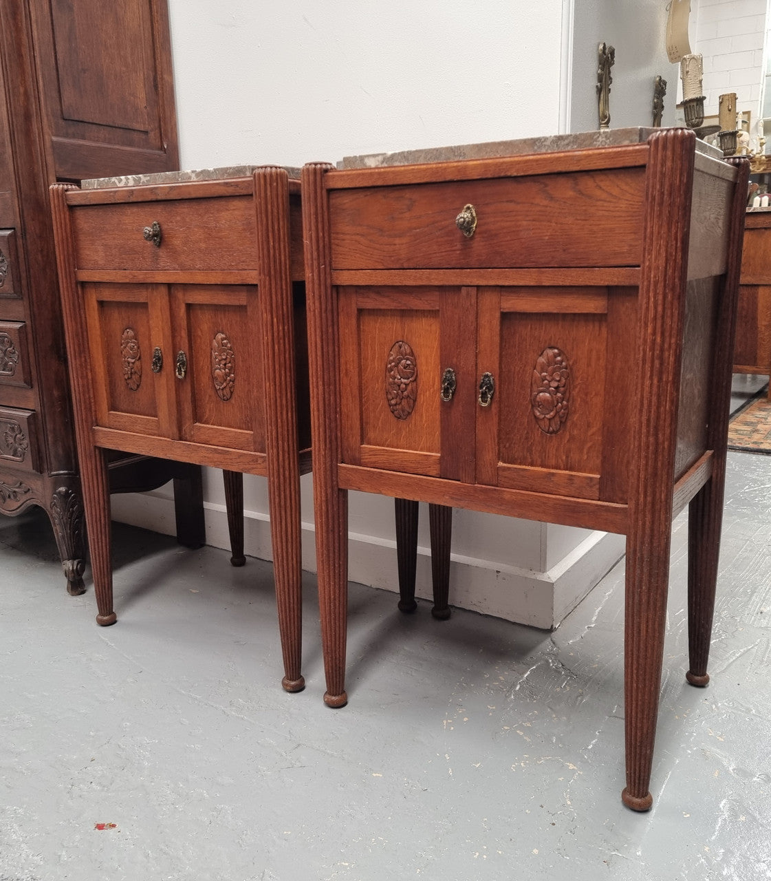Pair French Louis 16th Style Oak Marble Top Bedsides