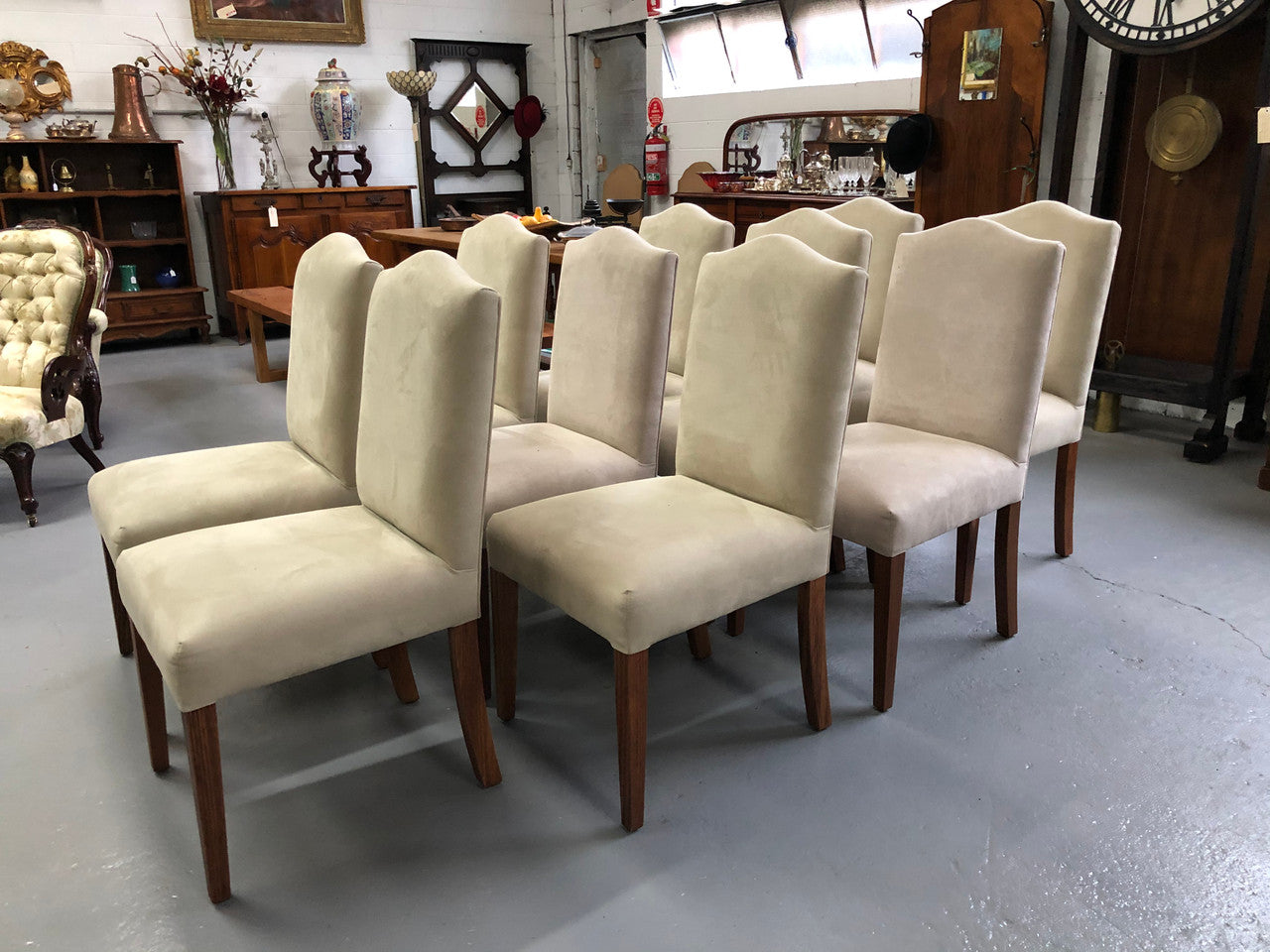 Custom Made Ivory Suede Covered Hardwood Set Of 10 Dining Chairs