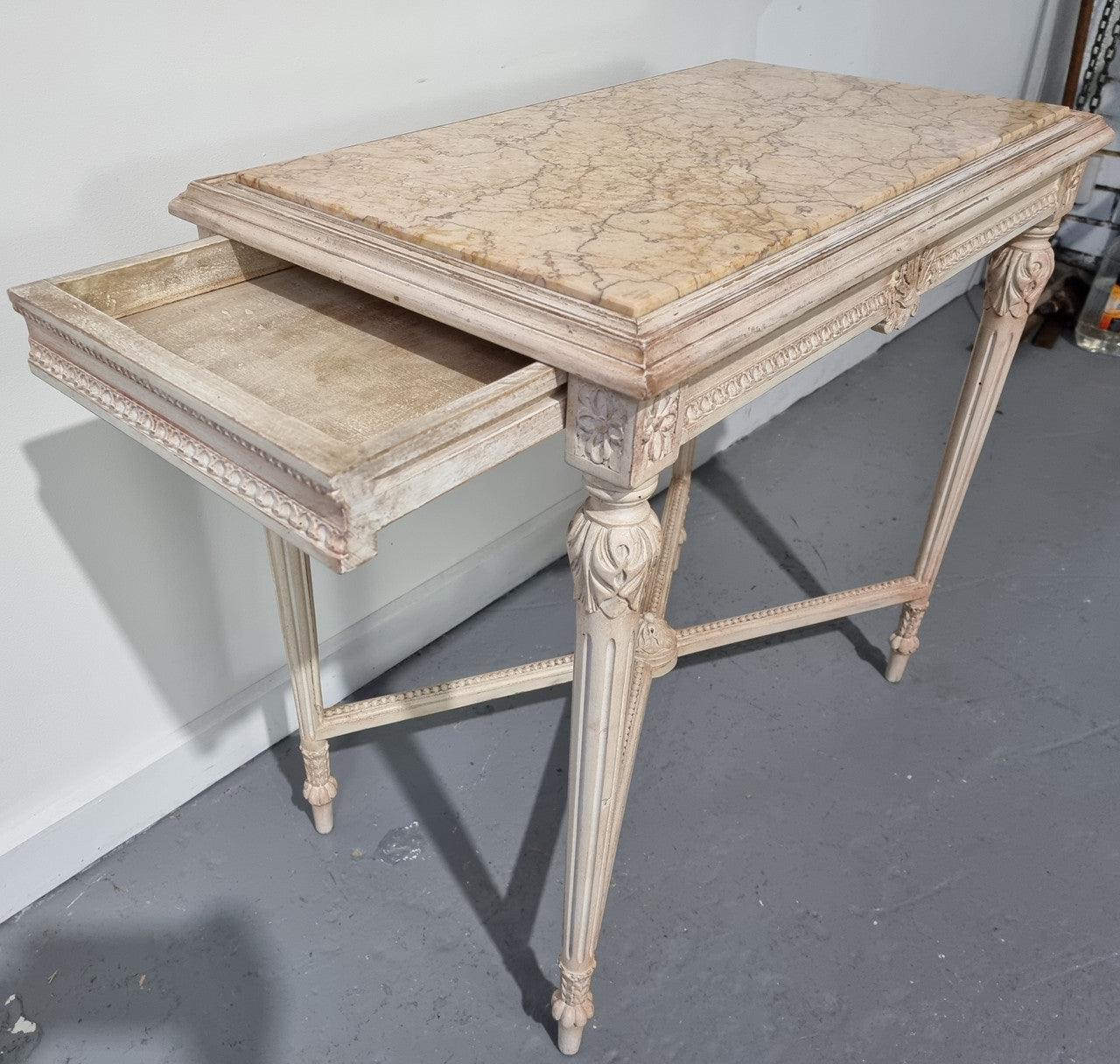 Louis XVI Painted & Marble Top Console Table With Two Drawers