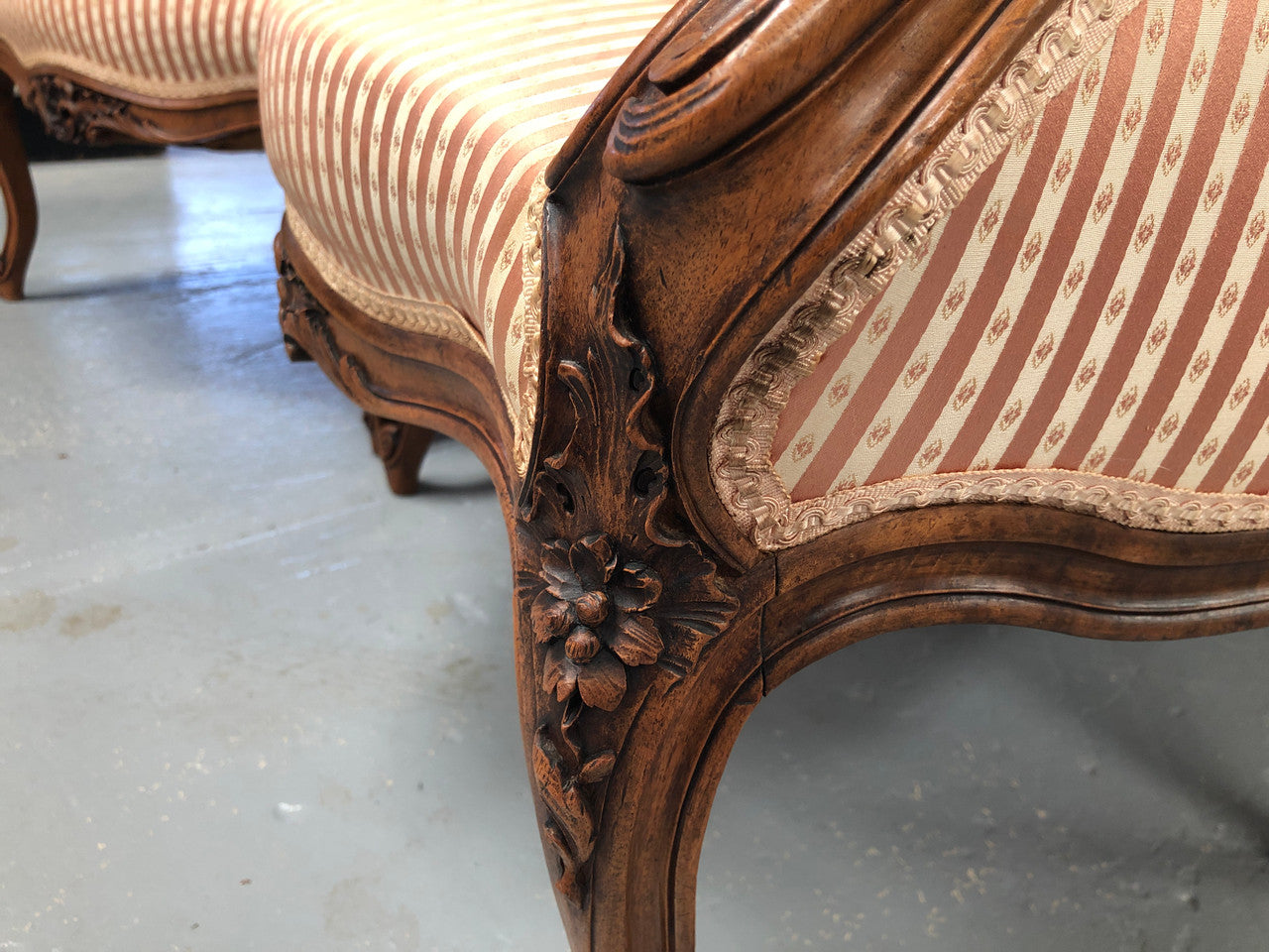 High Quality Antique Pair Of French Walnut Upholstered Arm Chairs