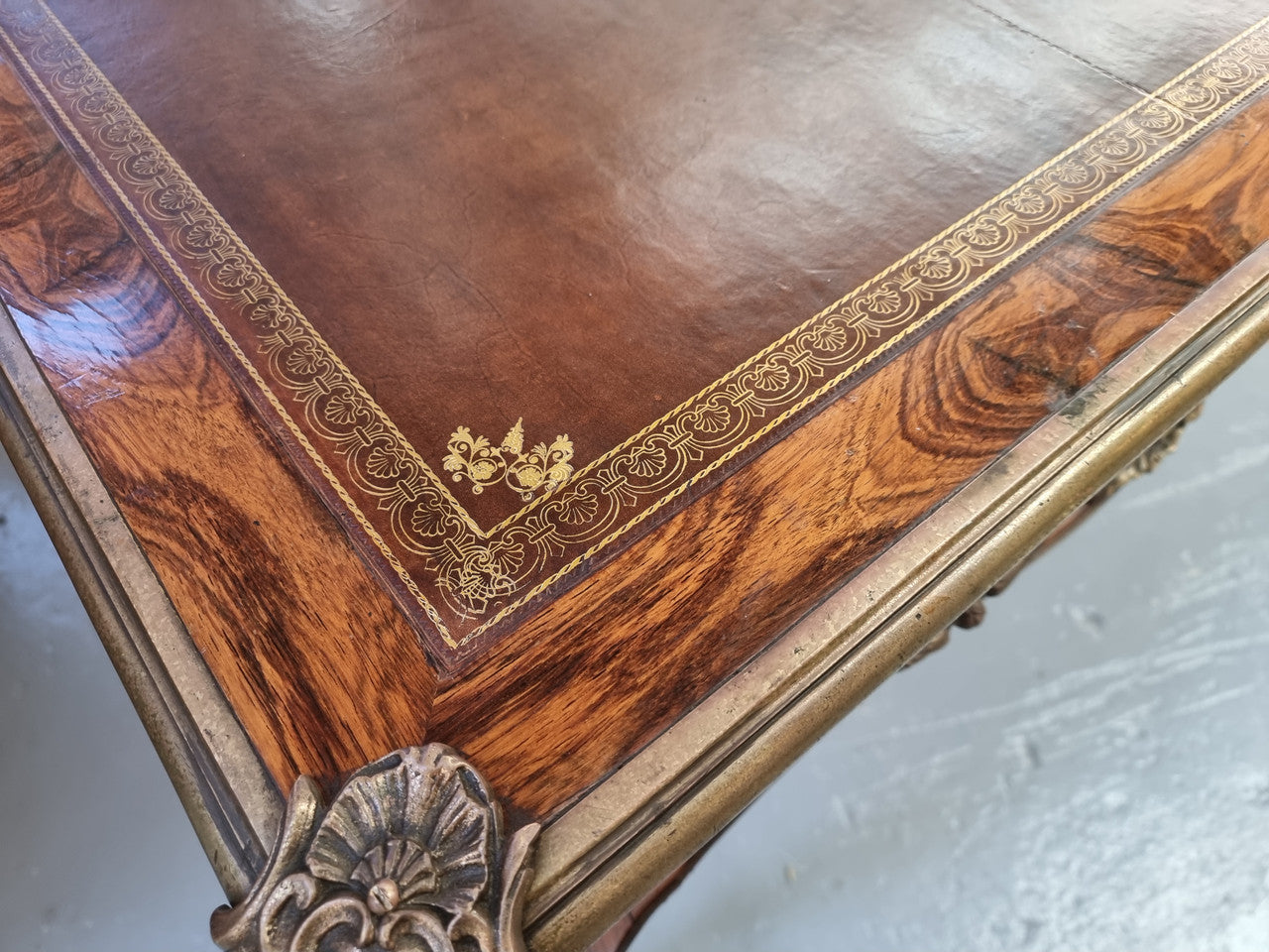 Beautifully fully restored French Antique Rosewood partners desk with beautiful ormolu detail and lovely tooled new leather top. There are three functioning drawers on one side for all your storage needs.