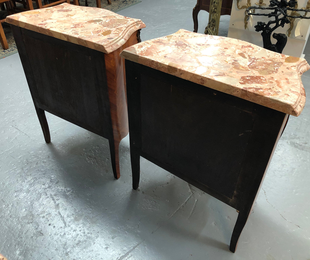 Rare Pair of French miniature commode bedsides with beautiful marquetry inlay & ormolu mount. Circa 1950's and are in very good condition.