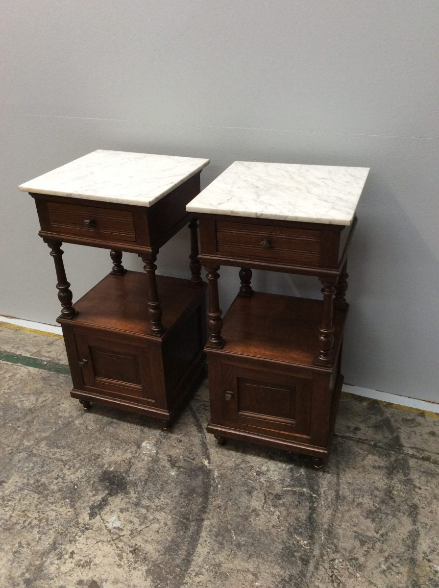 French Oak White Marble Top Bedside Cabinets