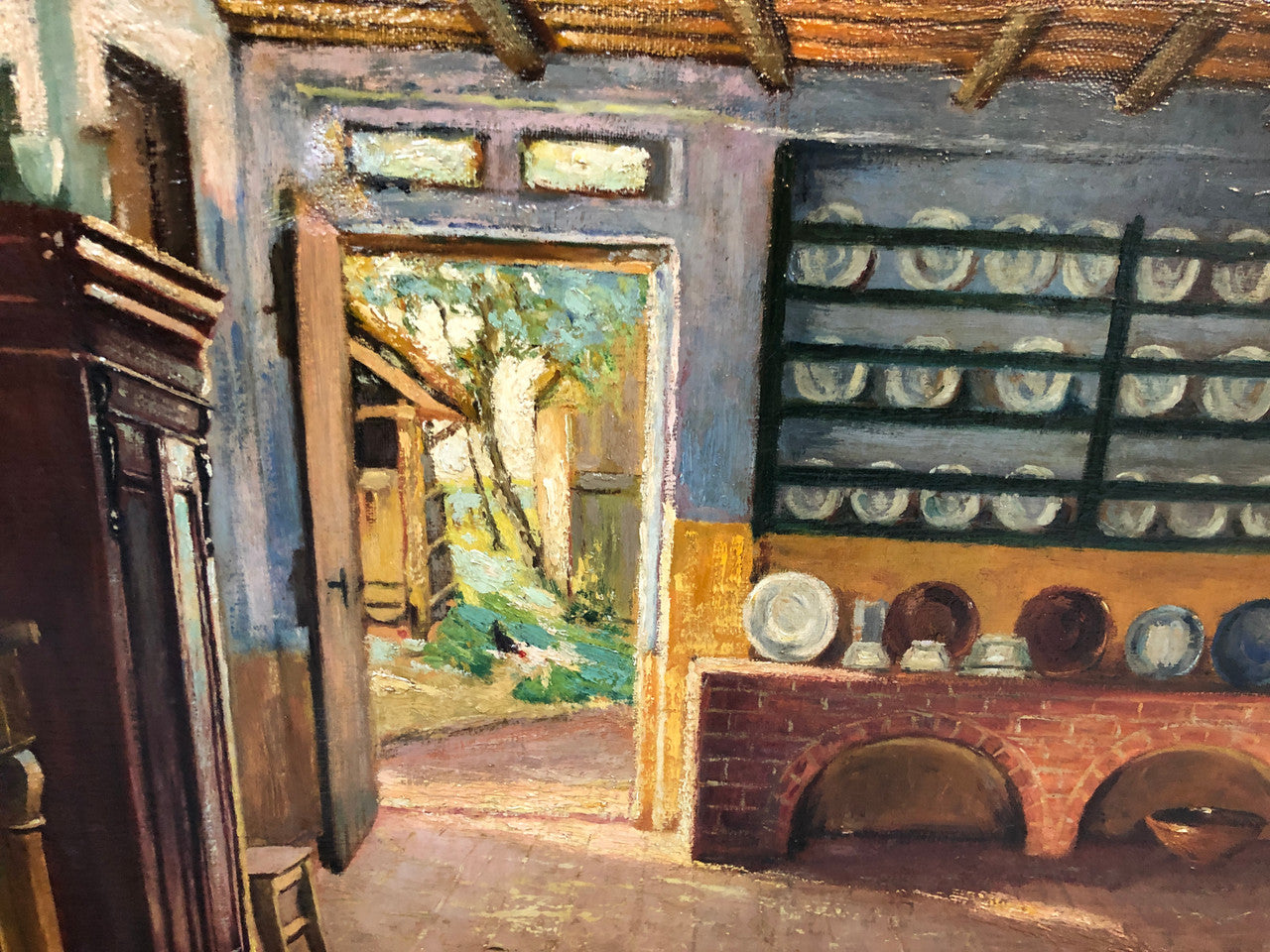 Antique French gilt framed signed oil on canvas of an interior scene in good original condition.