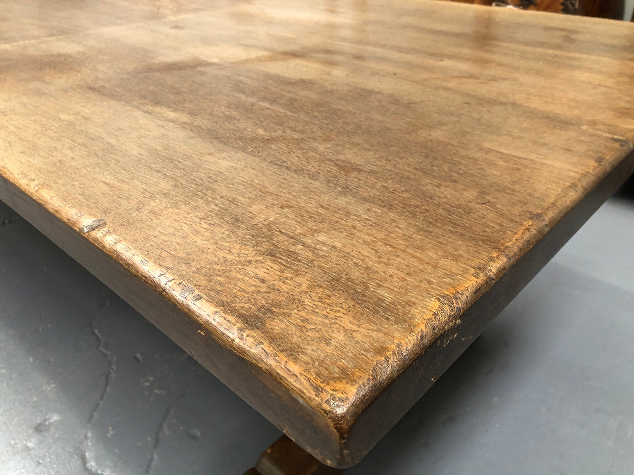 Lovely long French light oak Farmhouse table with a good thick plank top and beautiful stretcher base. Can seat 12 people very comfortable and is in good original condition.