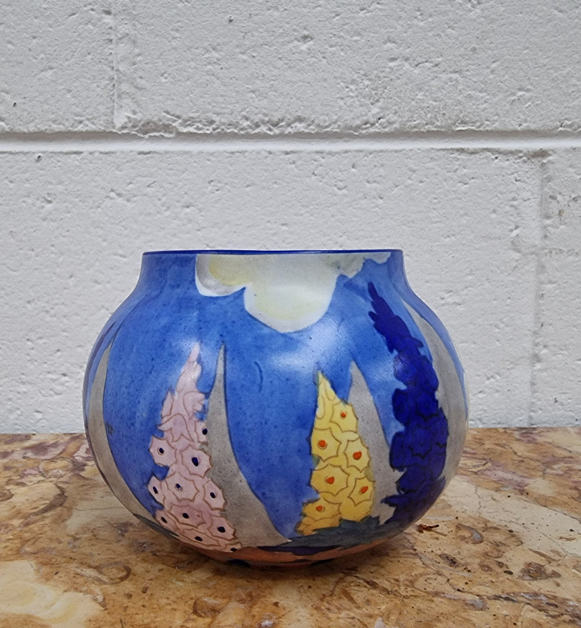 Carlton Ware Vase Globular Shape With Hand Painted Potted Rose Bush & Hollyhocks