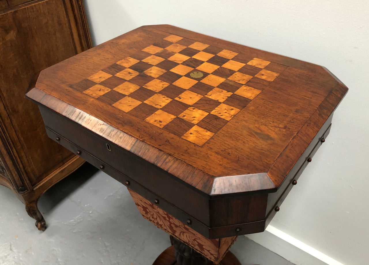Early Victorian work/sewing/chess table. In amazing original detailed condition and it has been sourced locally. Circa: 1840.