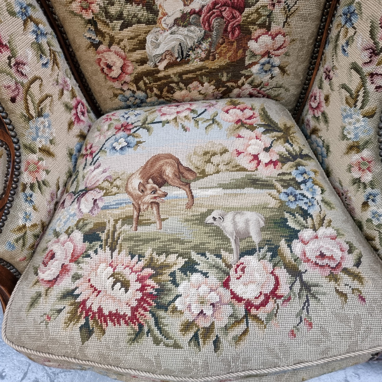 Pair of amazing French Walnut tapestry covered armchairs. The tapestry is in very good condition, please view photos as they form part of the description. Sourced from France and is in good original detailed condition.