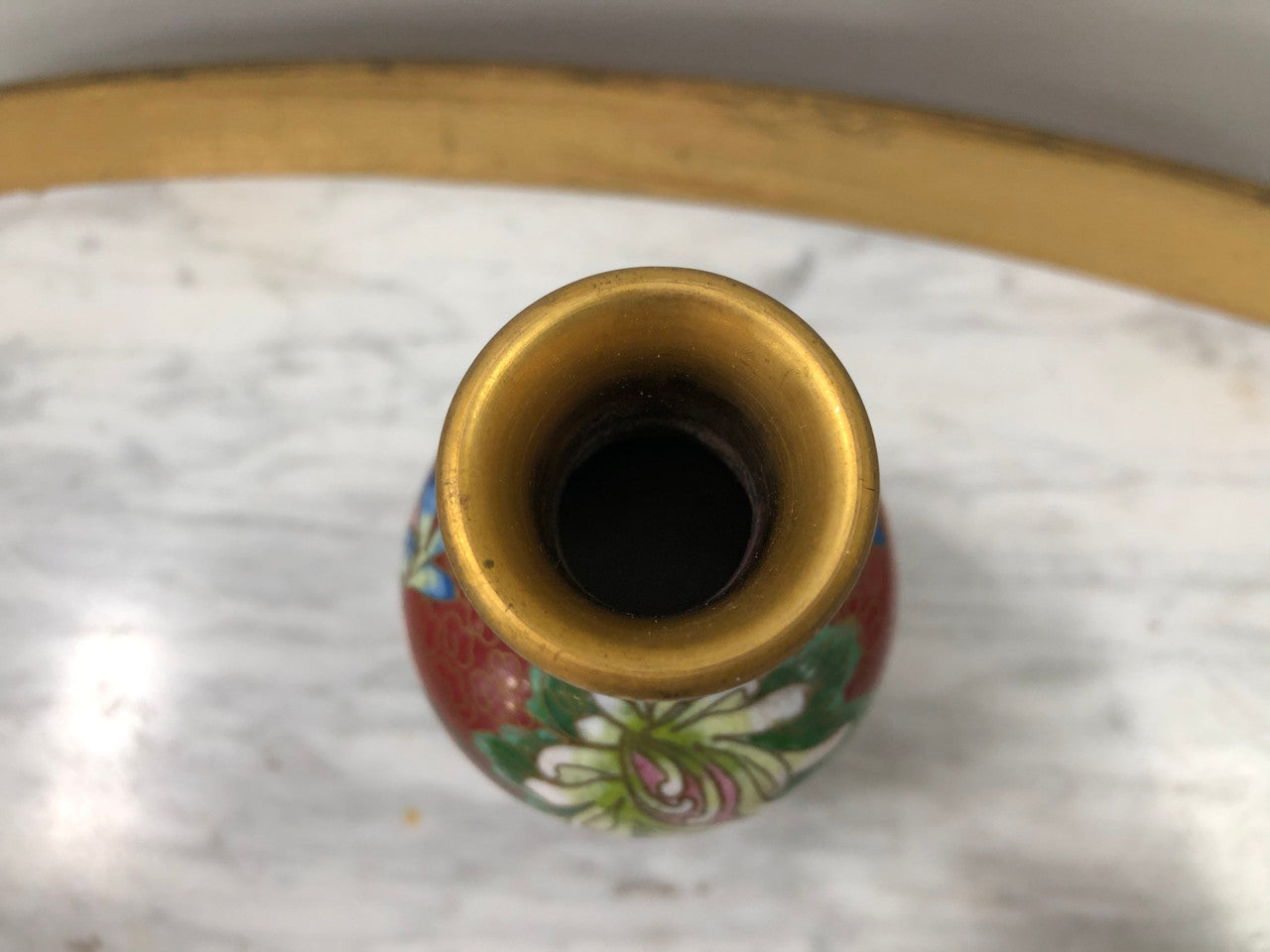 Small Red Cloisonné Vase On Carved Stand