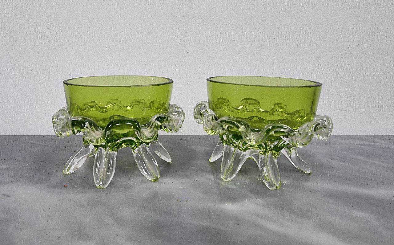 Lovely pair of Victorian green glass open salt bowls with clear frilled edging. In good original condition.