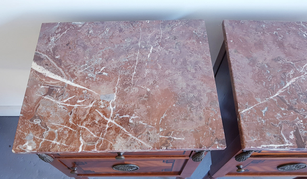 Pair Of French inlaid & Marble Top Bedsides