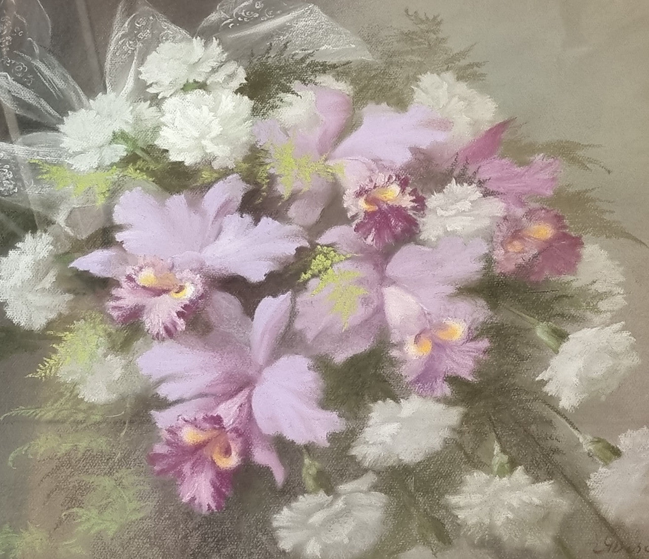 Beautifully framed French pastel painting of Irises, signed by "Gabriel Deschamps". In good original condition.