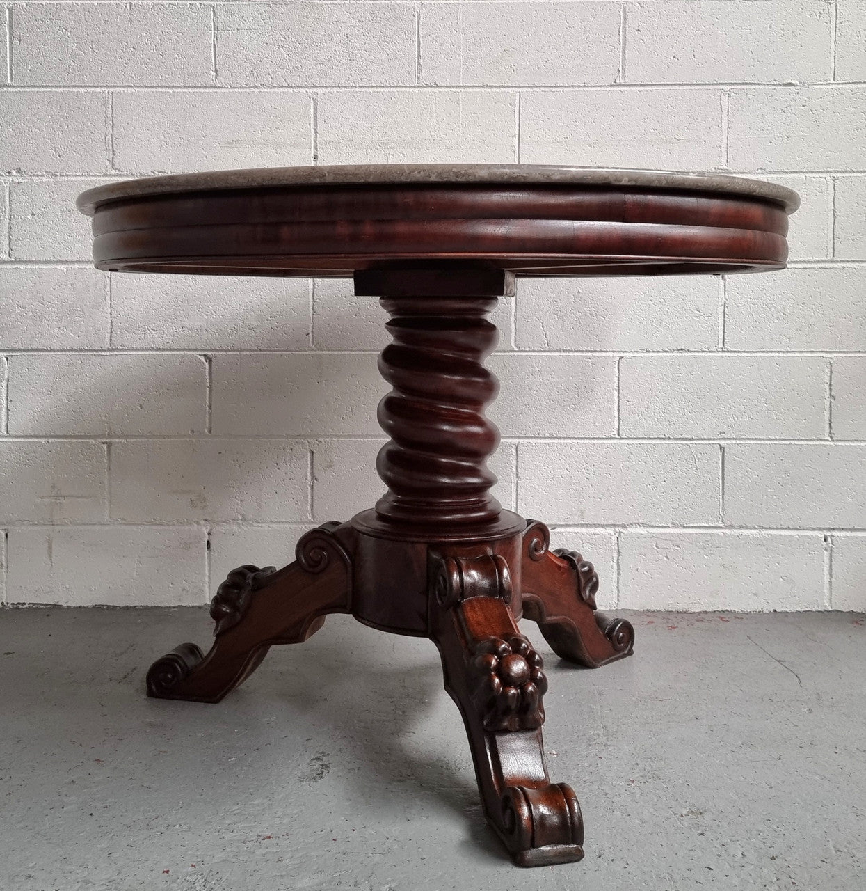 French 19th Century Napoleon III Walnut and marble top centre table. It has been sourced from France and is in good original detailed condition.