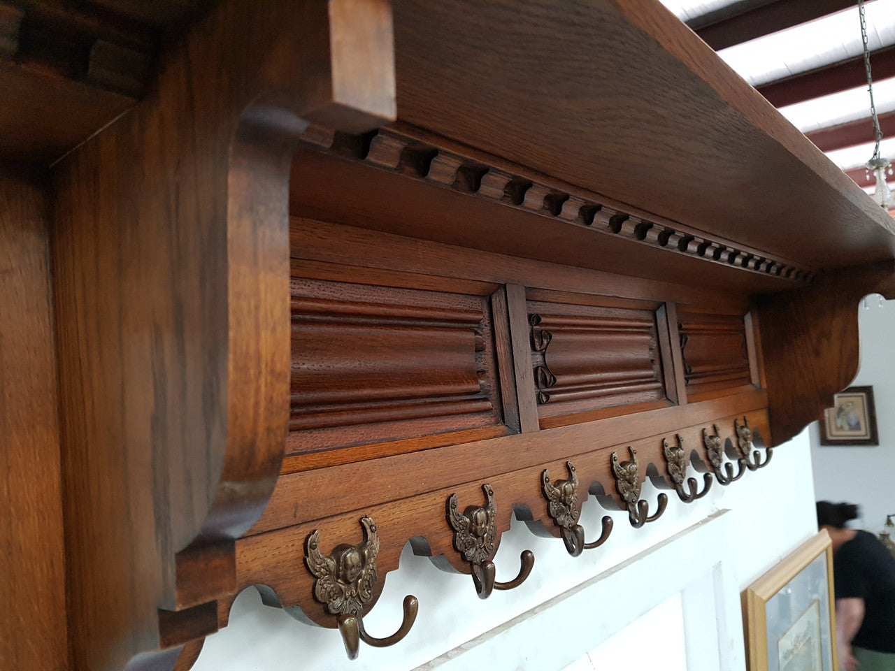 Vintage Highly Decorative French Carved Oak Coat Rack