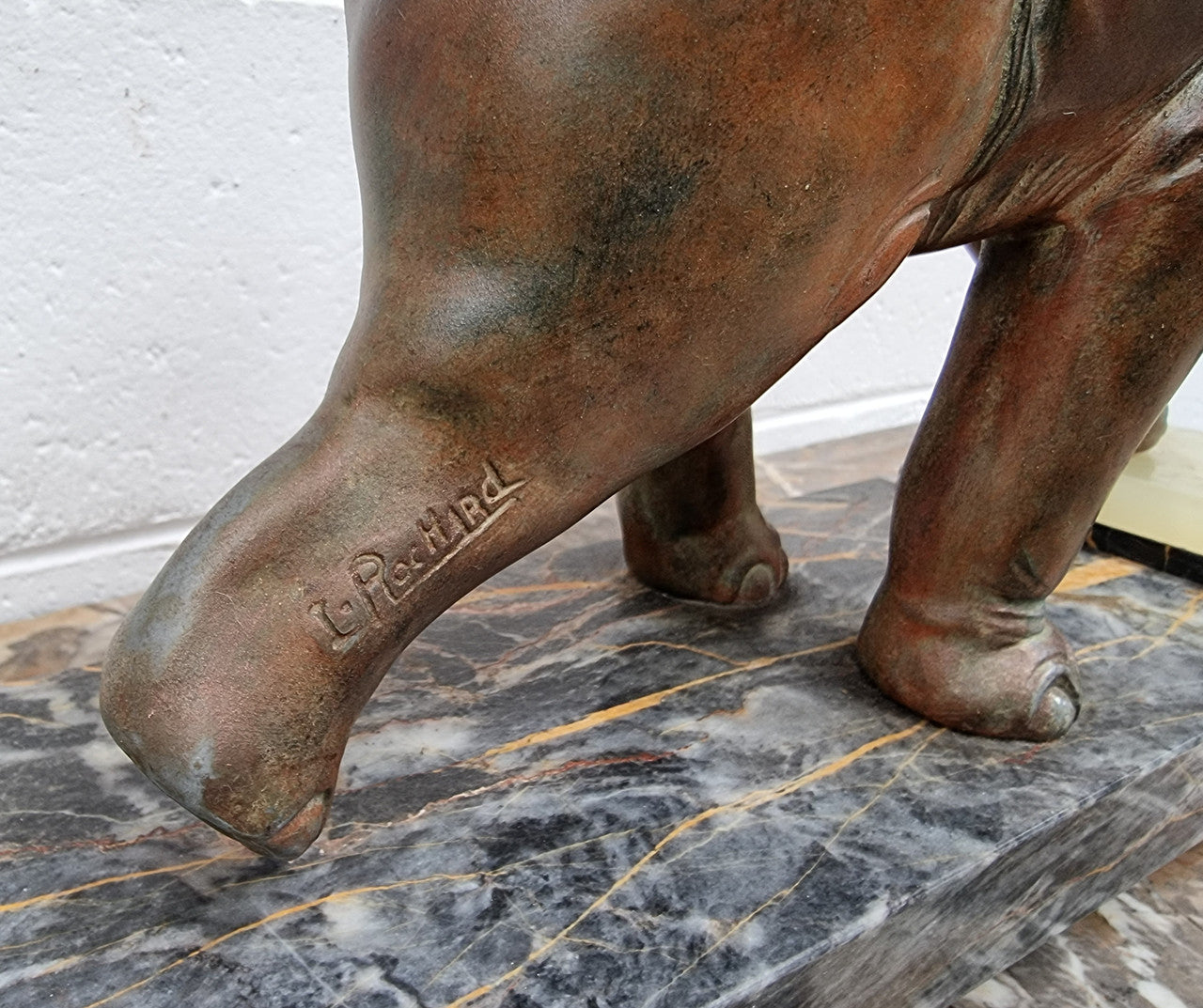 "Irenee Rochard" Art Deco Elephant and Panther statue on a beautiful marble base. Signed on the Elephants leg and sourced from France. It is in good original detailed condition.