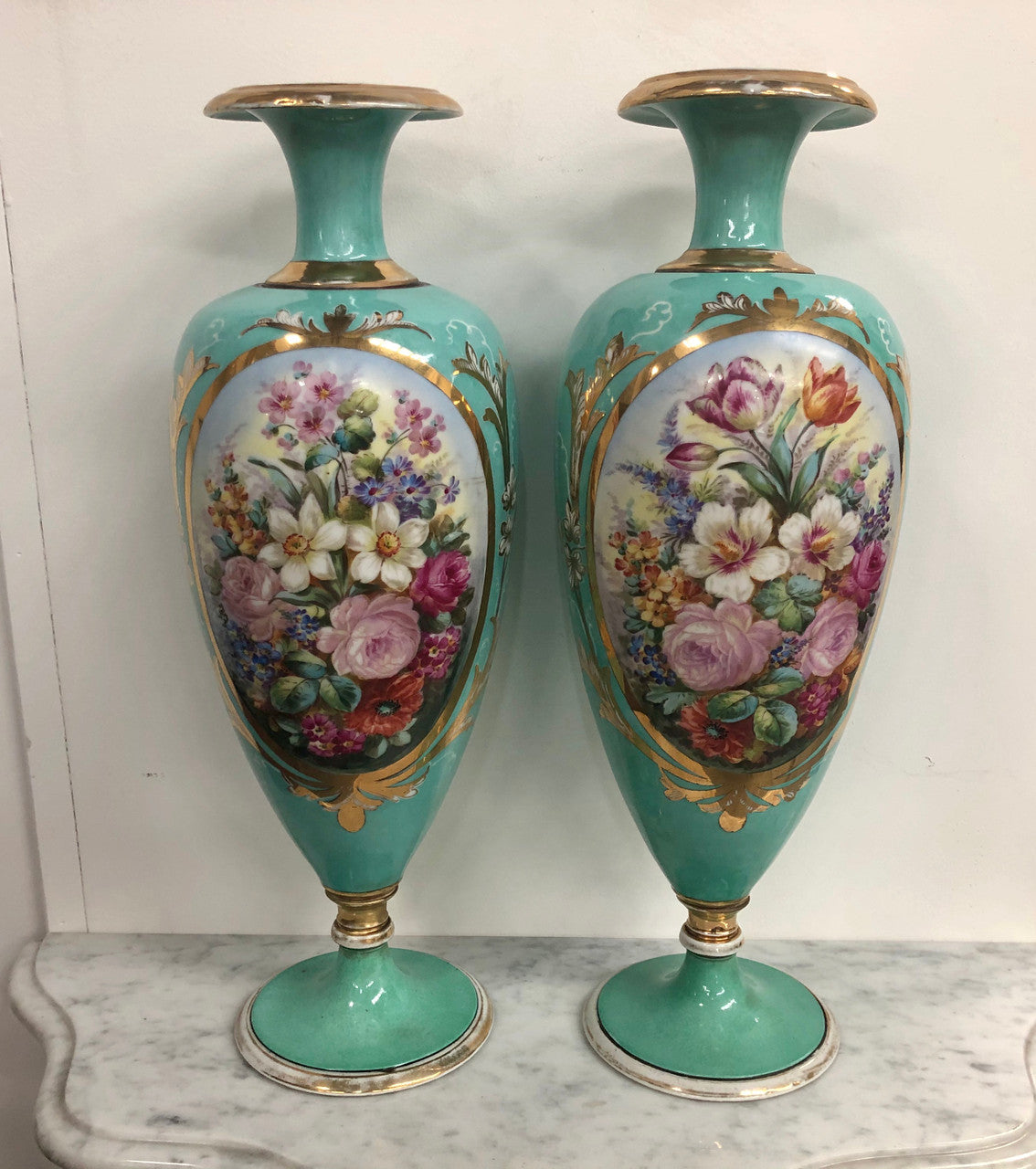 Pair of Antique French Limoges hand painted vases. Marked WG & Co (W Guerin & Co France Limoges) Circa 1900.