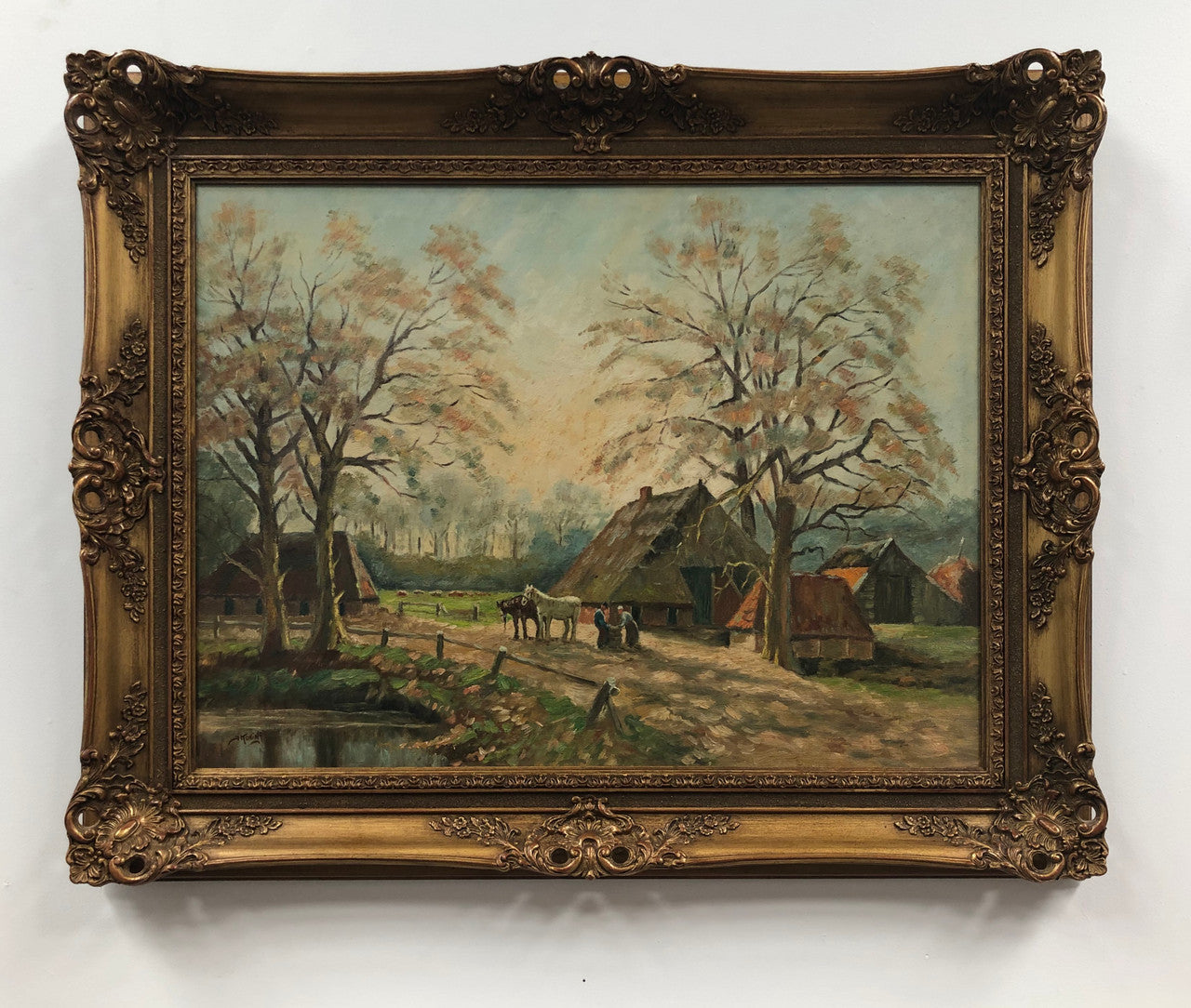 Sourced in france is this beautiful signed Dutch oil on canvas of a farm scene framed in a ornate frame. In good original condition.