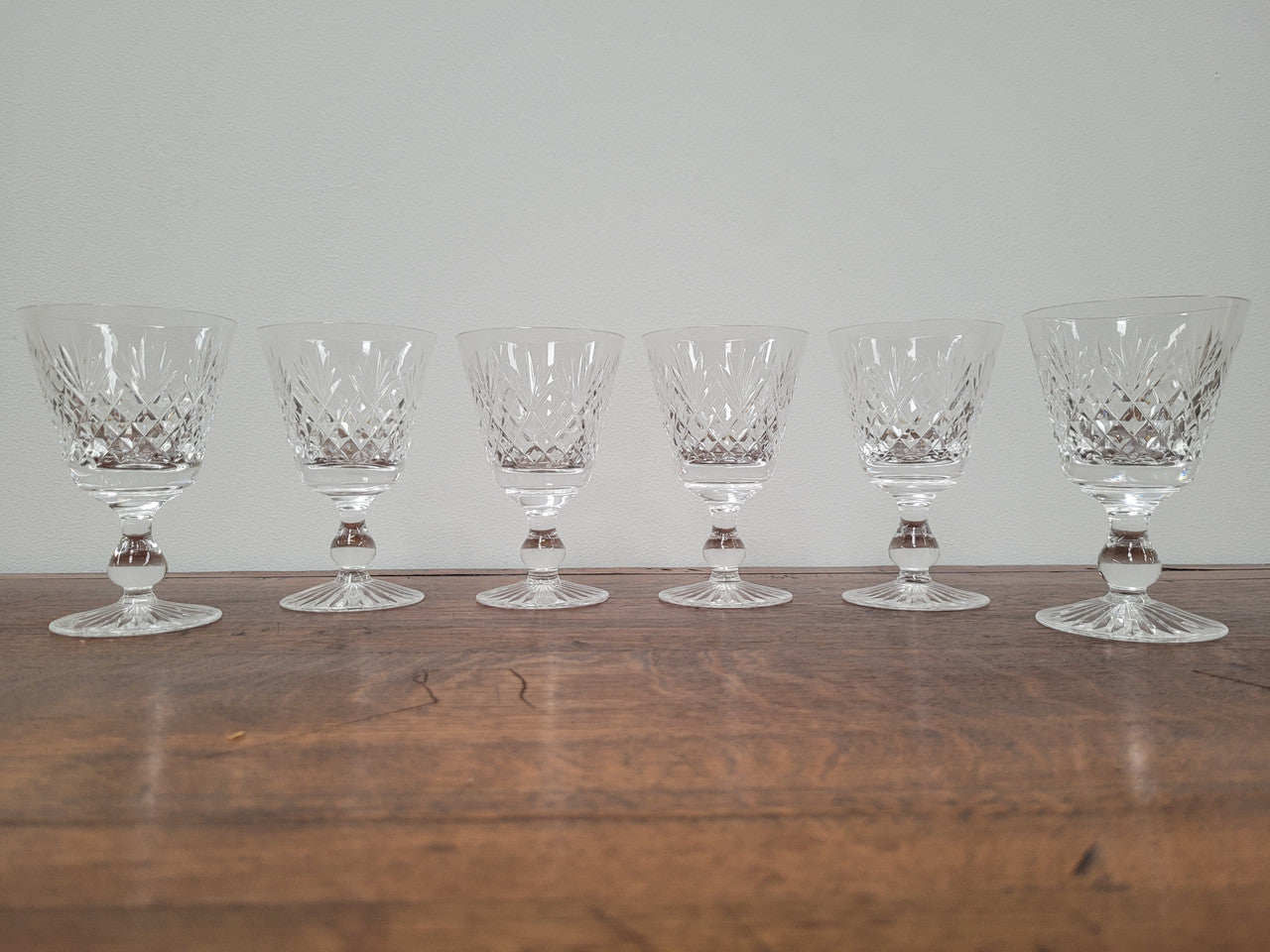 Set of six Stuart crystal “Henley” pattern wine glasses. In good original condition with no chips or cracks.