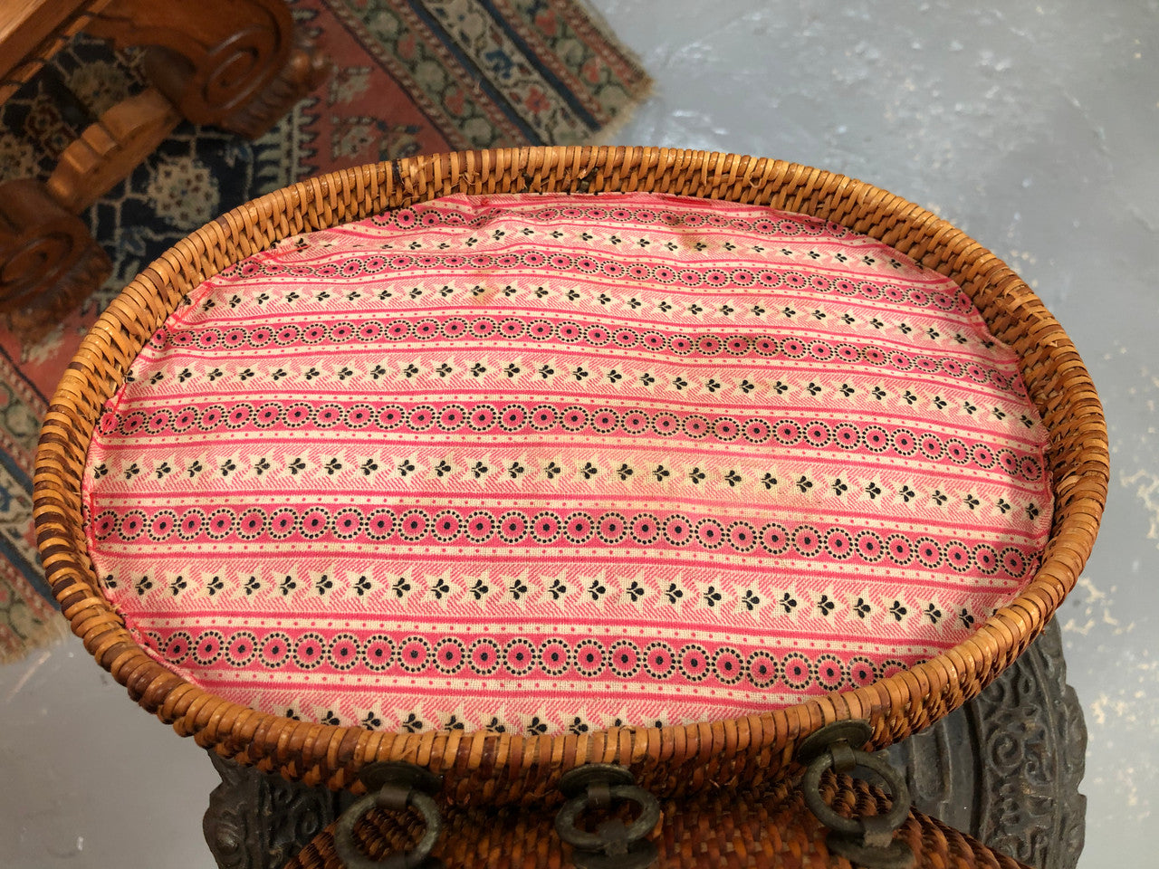 Beautiful Antique Cane Basket With Metal Handles & Latch