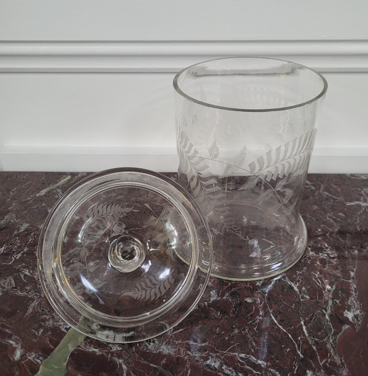 Victorian etched glass lidded jar. Please view photos as they help form part of the description.