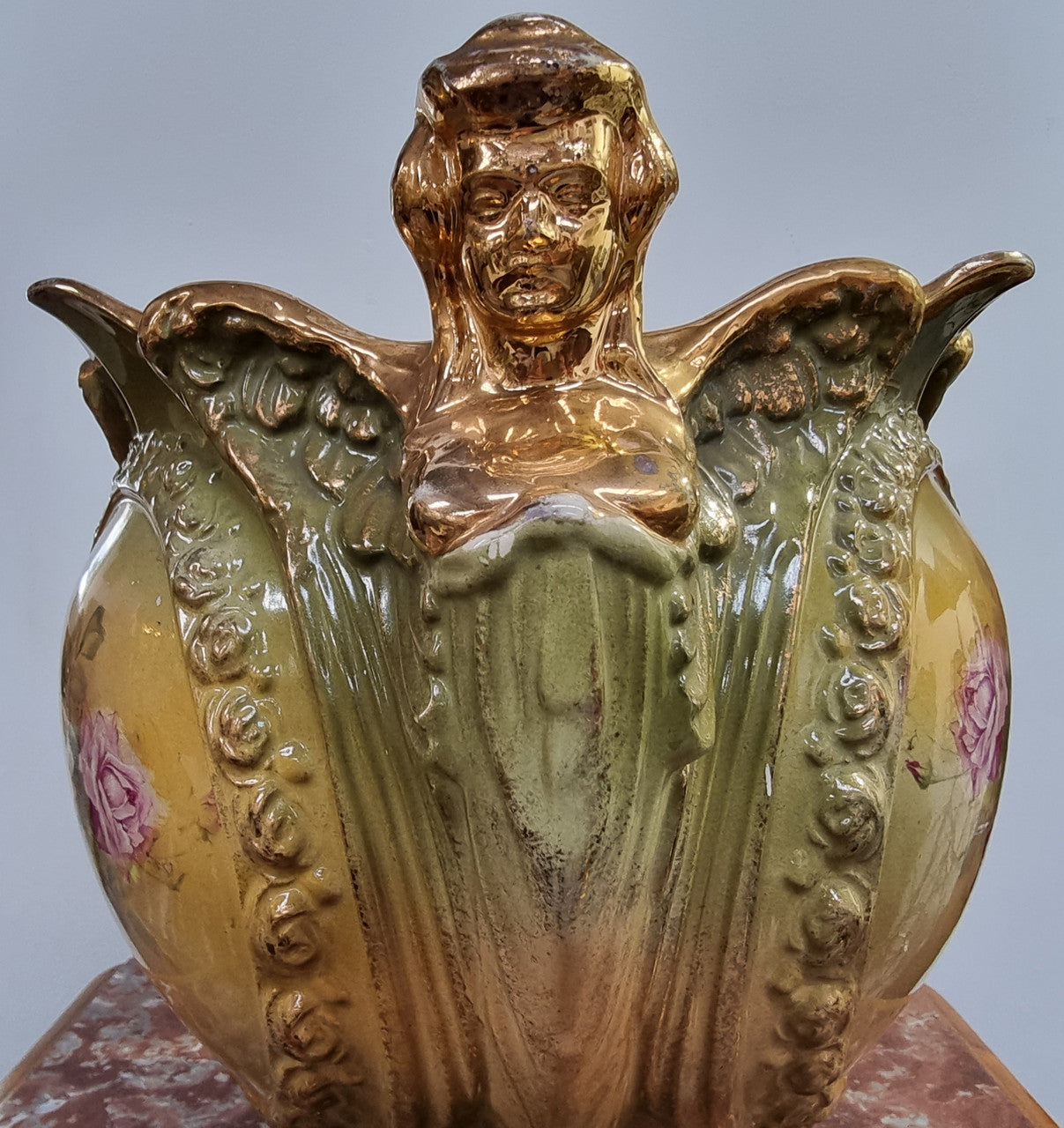 Large late Victorian English jardinière featuring three women figureheads. In good condition some loss to gilding on the figureheads, place view photos as they help form part of the description.