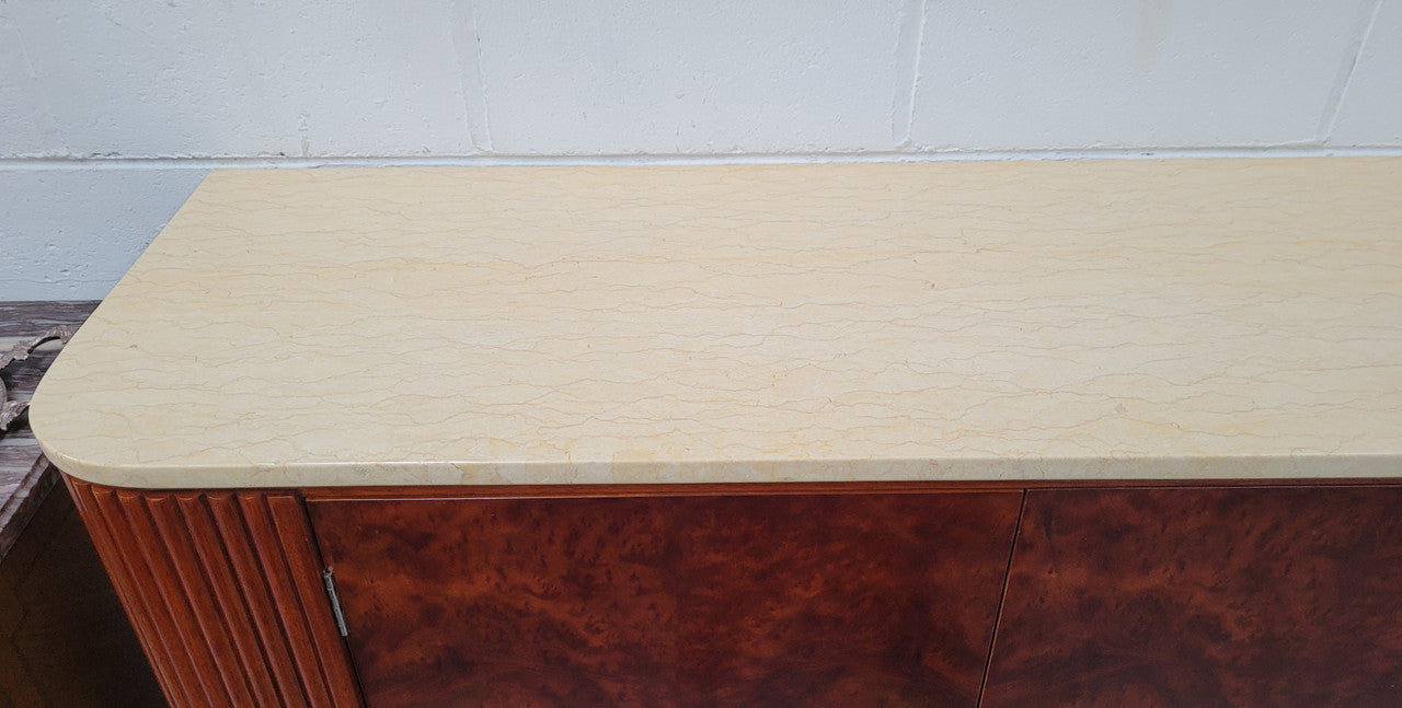 Beautiful Bespoke Art Deco style Walnut and Mahogany marble top buffet. In good original detailed condition.