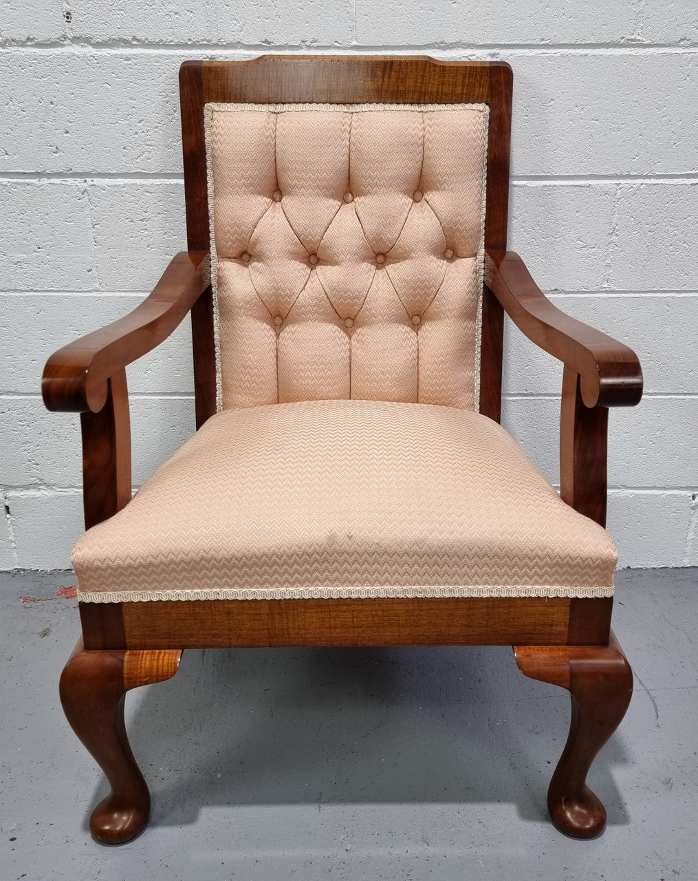 Australian Fiddleback Blackwood upholstered armchair with queen anne legs. In good original condition.