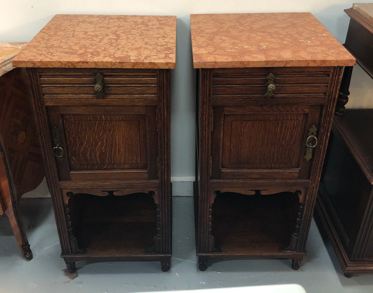 Pair Of French Marble Top Oak Bedside Cabinets