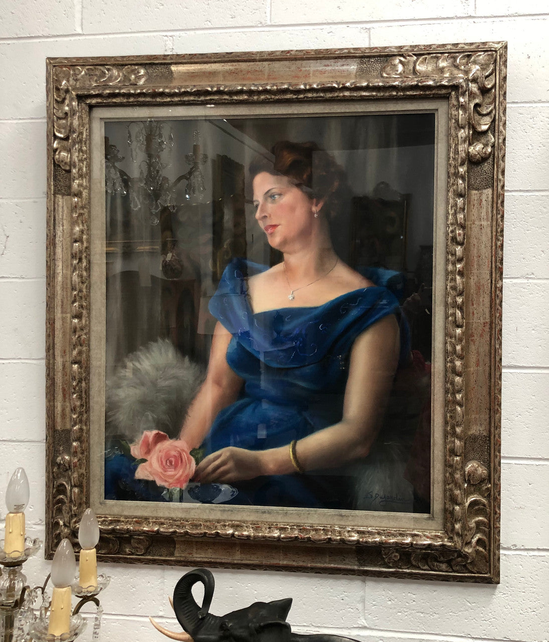 Belgian silver gilt framed pastel of a lady with rose, signed "Simon Dujardin" born 1900. Circa 1950's. Being a pastel artwork it is under glass to protect it.