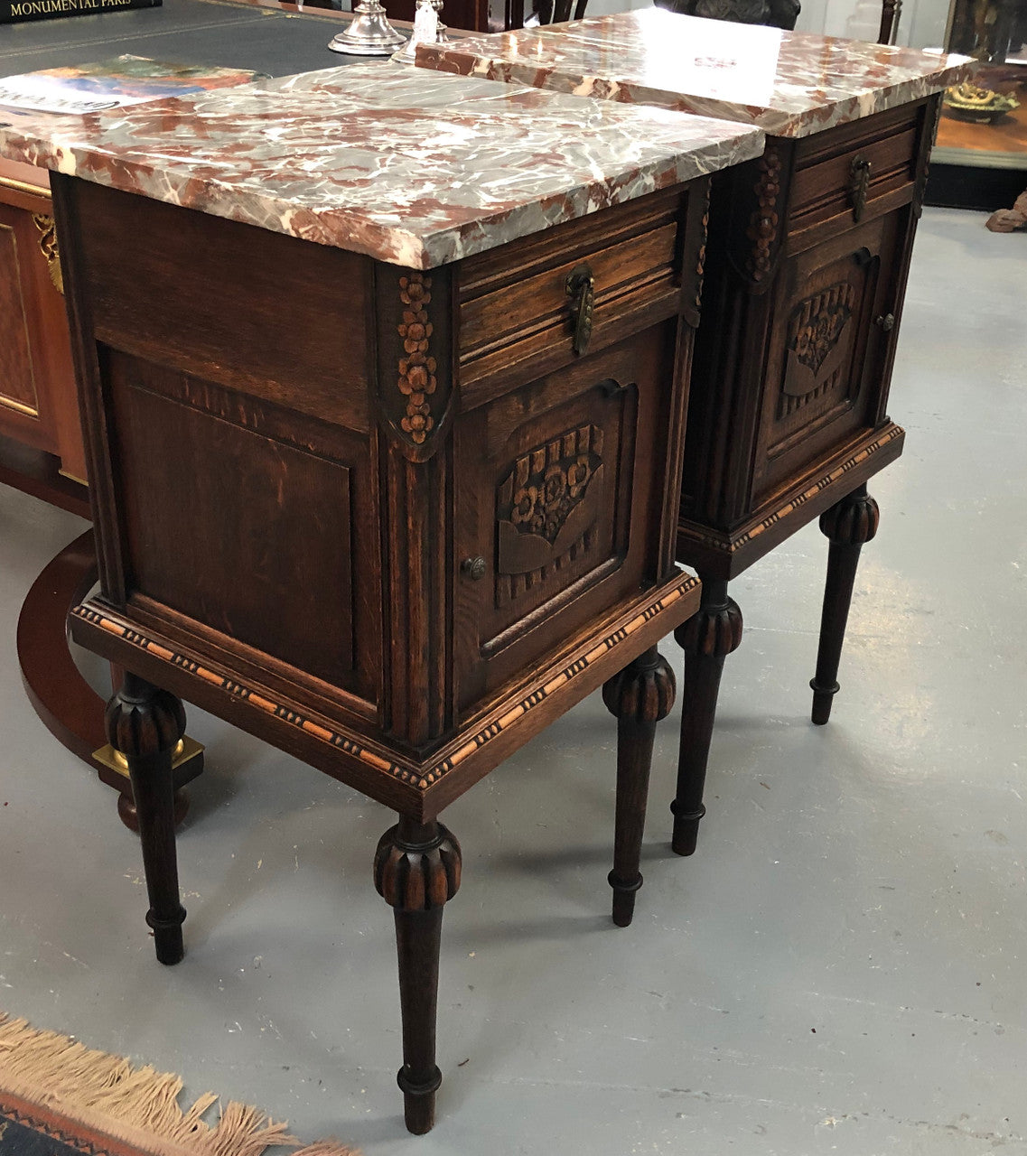 Pair Of French Oak Marble Top Henry II Style Bedside Tables