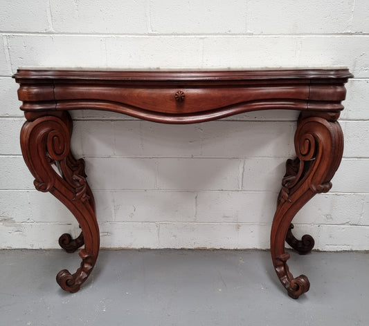 19th Century French Mahogany marble top console table. Louis XV style with white marble top and single drawer. Sourced from France and in good original detailed condition.