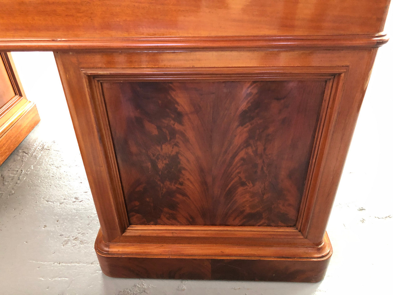 Antique French Mahogany and leather inset top double pedestal partners desk. Plenty of storage space with 9 long drawers on one side and space for someone to sit on the other side. In good restored condition. Circa 1880's.