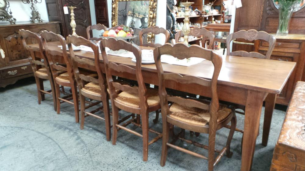 Solid Set Of Ten French Oak Rush Seat Dining Chairs